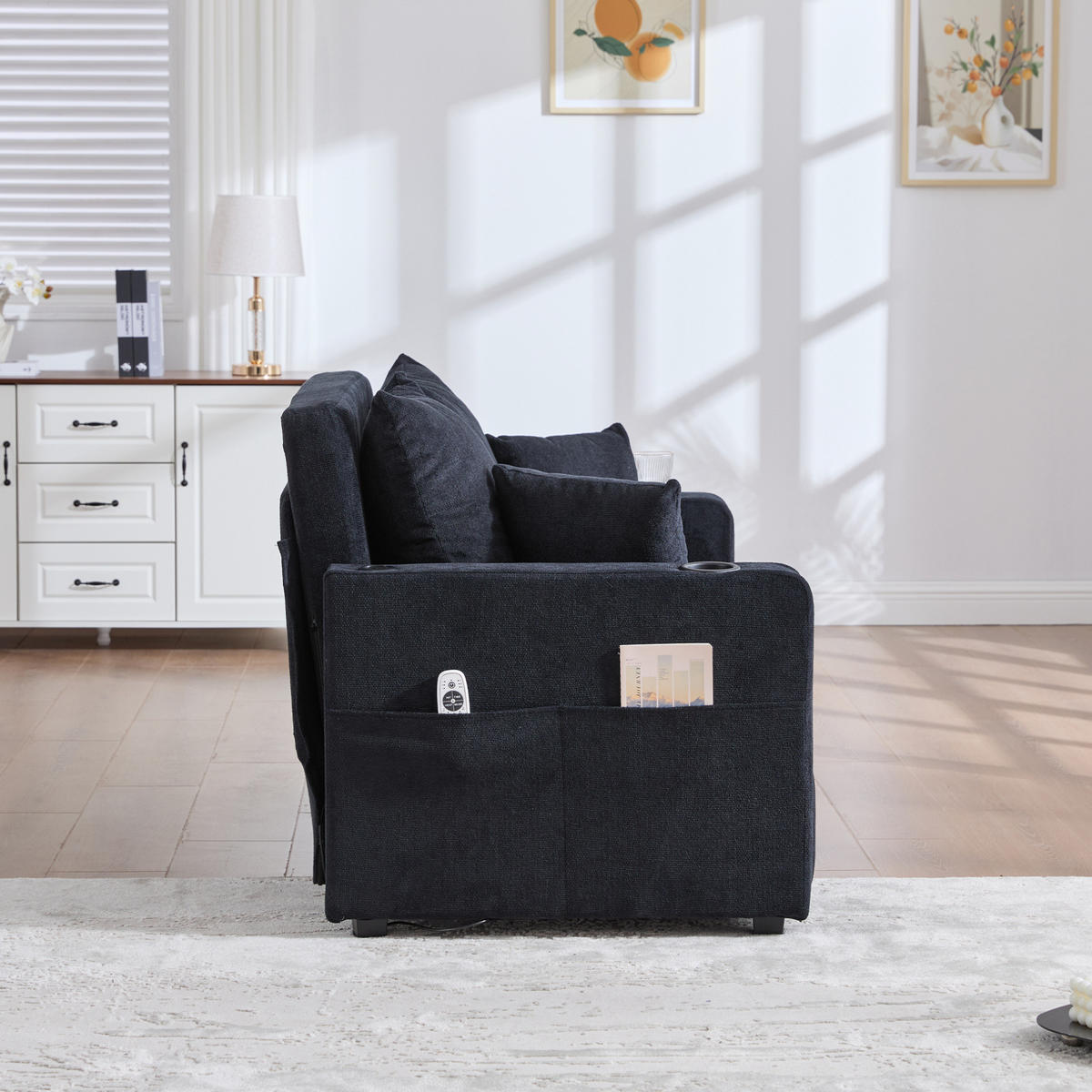 SOFA ausziehbar 139 x 83 x 58 cm Chenille Schwarz - Schwarz, Holzwerkstoff (139/83/73cm) - Meubliv