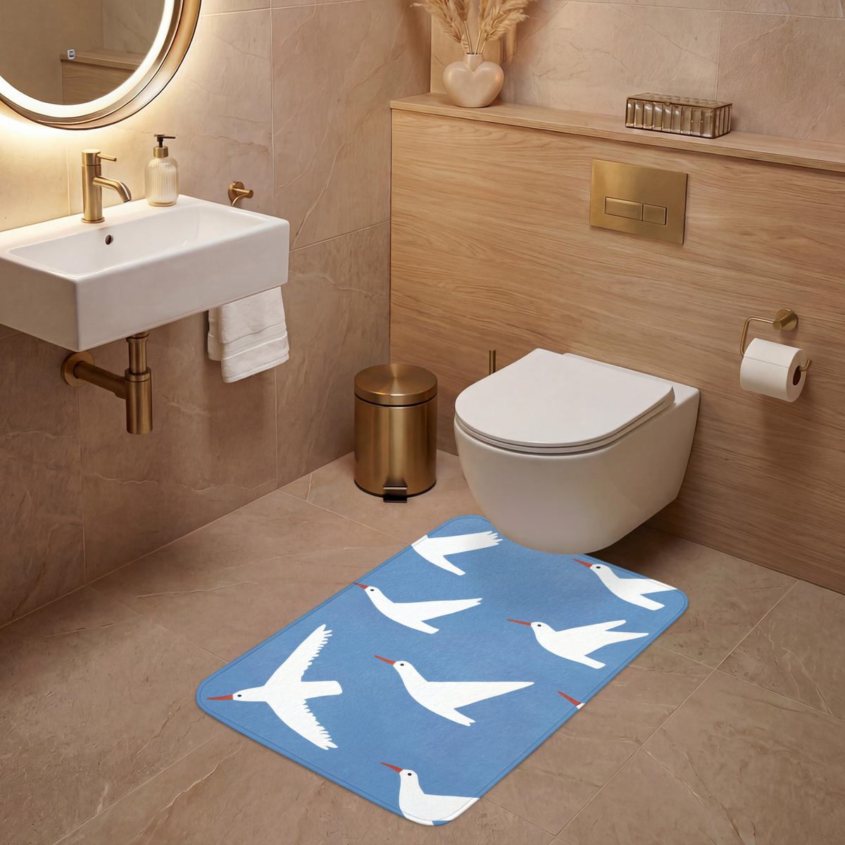 WC PŘEDLOŽKA Ptáci - bílá - vzor 60x90 cm - modrá, textil/plast (60/1cm) - OnlyWow