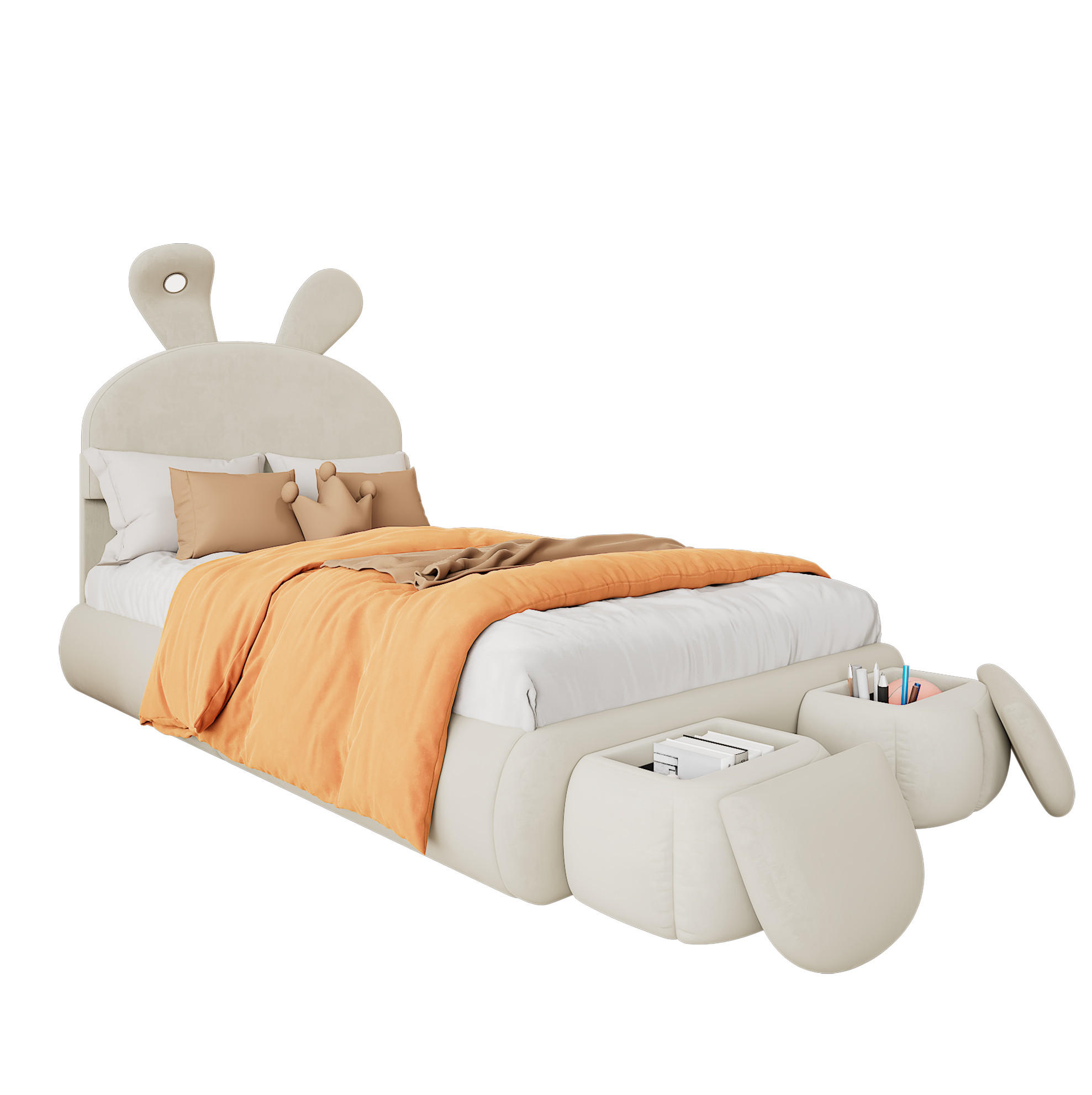 POLSTERBETT mit LED-Beleuchtung 90/200 cm in Beige mit gepolstertem Hasenohren-Kopfteil - Beige, Textil (90/200cm) - BEAOK