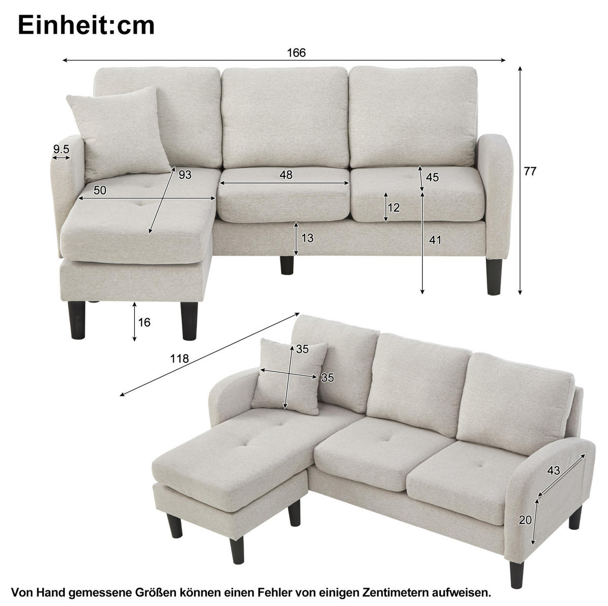 SOFA modular mit Chaiselongue 166 x 118 x 77 cm Beige Grau-Weiß - Weiß, Kunststoff (166/118cm) - IVMEU