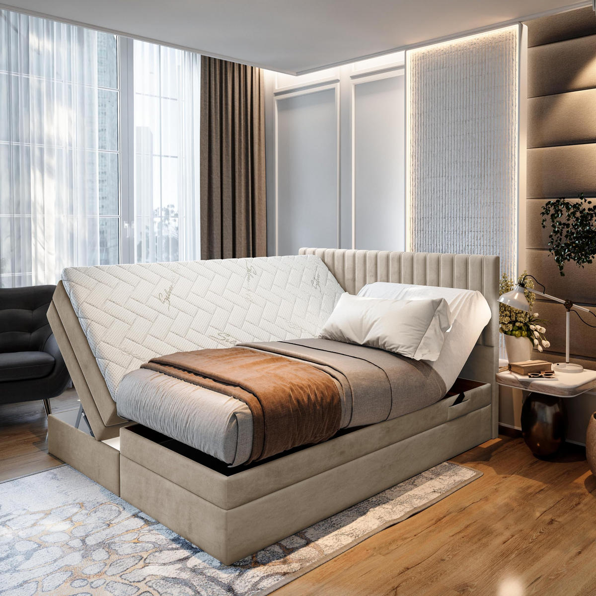 BOXSPRINGBETT ADÈLE 140x200 cm - elektrische Bett mit Matratze + Tooper und Bettkasten - Beige - 140x200 cm - Beige, Textil (140/200cm) - Trada