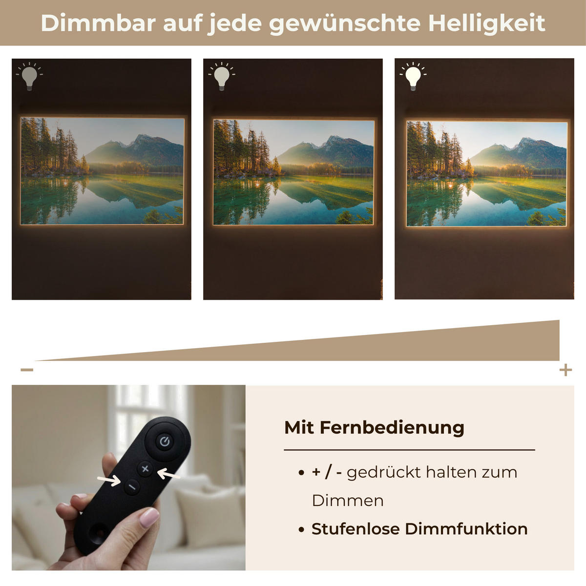 WANDLEUCHTE MIT AKKU See - Wald - Berge - Natur - Sonne - Landschaft 100x70 cm - Grün, Holzwerkstoff (100/70/8cm) - OnlyWow