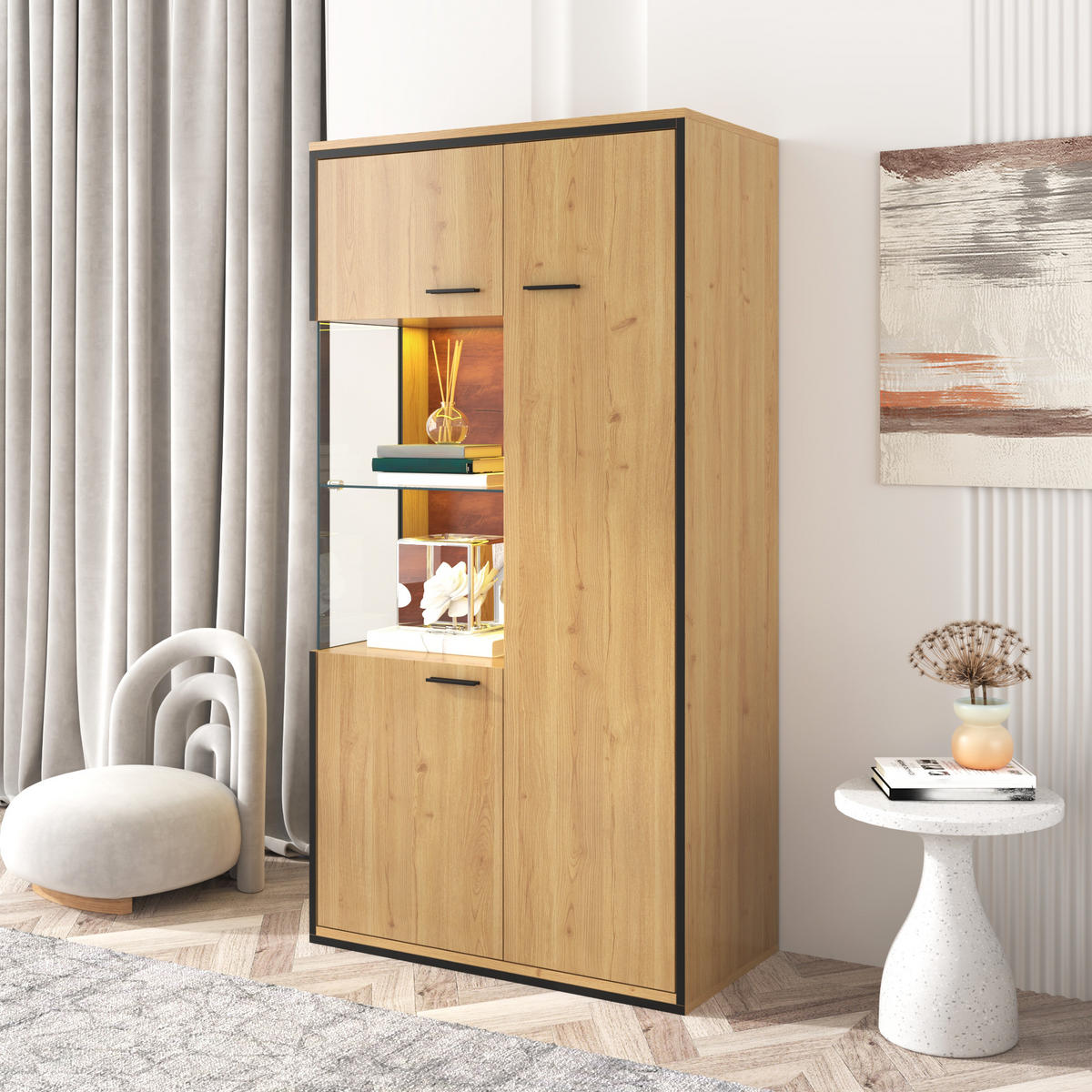 VITRINE LED 150 cm Glastür Stauraum - Naturfarben, Holz (77.5/150/40cm) - Fortuna Lai