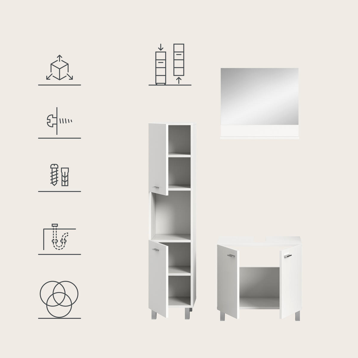 BADMÖBEL Set Boston 3tlg. auch hängend montierbar (B/H/T: 102x186x33 cm) - Weiß, Holzwerkstoff (102/186/33cm)