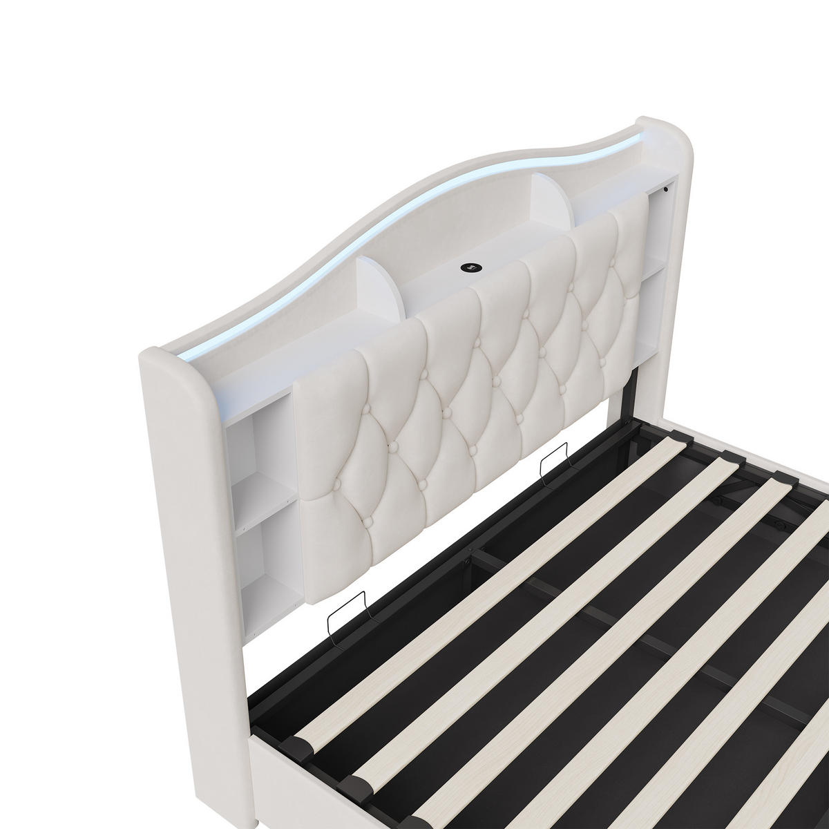 POLSTERBETT 140x200 cm mit Bettkasten, LED & USB, Doppelbett mit Kopfteil Stauraum und kabellosem Laden, Beige - Beige, Metall (140/200cm) - EuroLiving