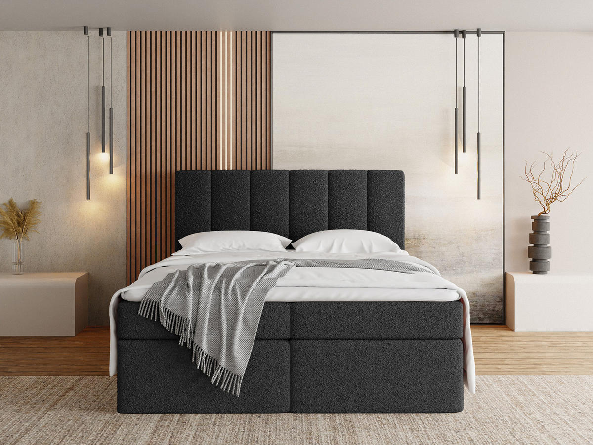 BOXBETT Amira mit Bettkasten, Schwarz Boucle 160x200 cm - inkl. H3 Matratze und H3 Foam Topper - Schwarz, Holzwerkstoff/Kunststoff (160/200cm) - WFL GROUP