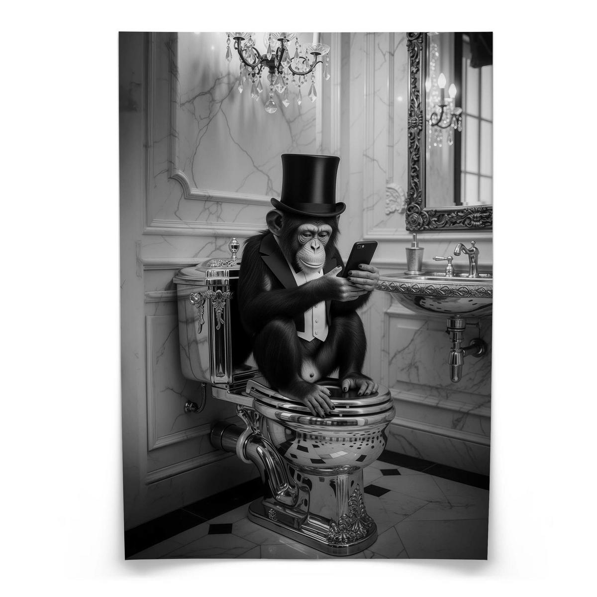 POSTER für Badezimmer WC AFFE mit Zylinder auf Toilette Abstraktion 20x30cm - Schwarz/Weiß, Papier (20/30/1cm) - Muralo