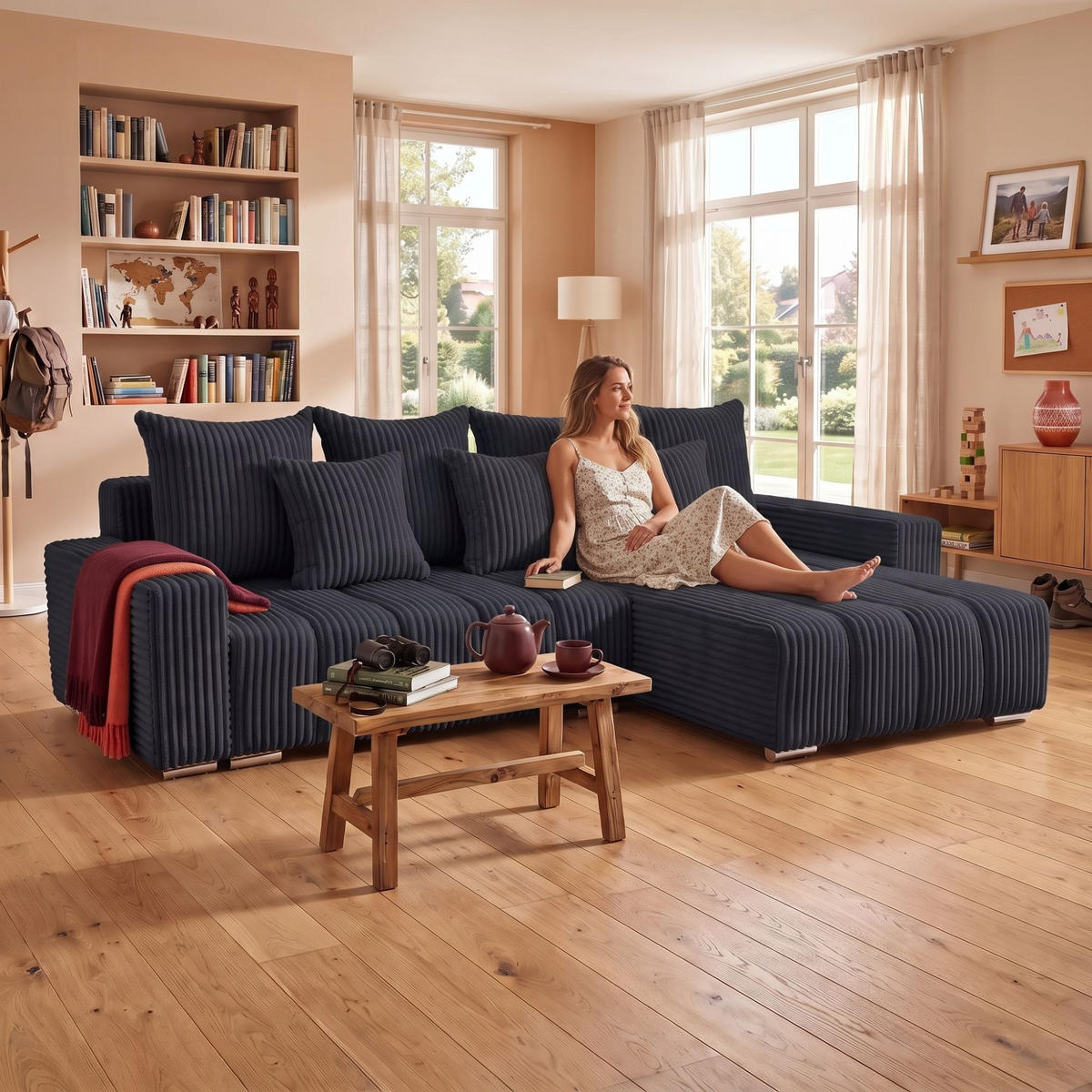 ECKSOFA PIANO L Rechts mit Schlaffunktion 137x234 Cord Schwarz - Silberfarben/Schwarz, Holz/Textil (178/278cm) - Muffo