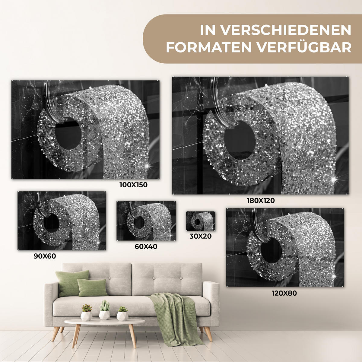 ACRYLGLASBILD WC - Toilettenpapier - Schwarz und weiß - Glitter 120x80 cm - Silberfarben, Glas (120/80cm) - MuchoWow
