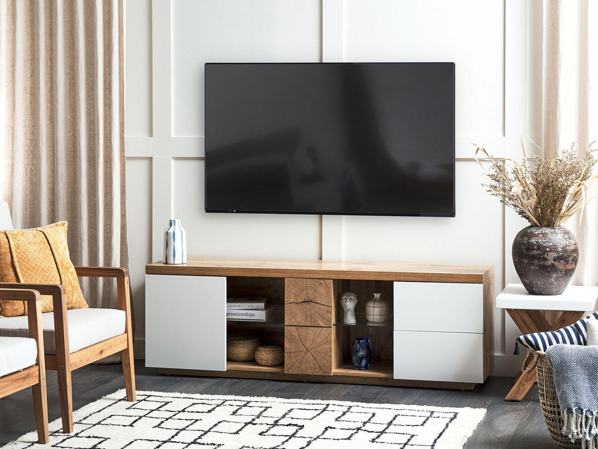 TV-MÖBEL Hellbraun, Weiß FARADA 40/160/52 cm - Hellbraun, Holzwerkstoff (160/52/40cm) - Beliani