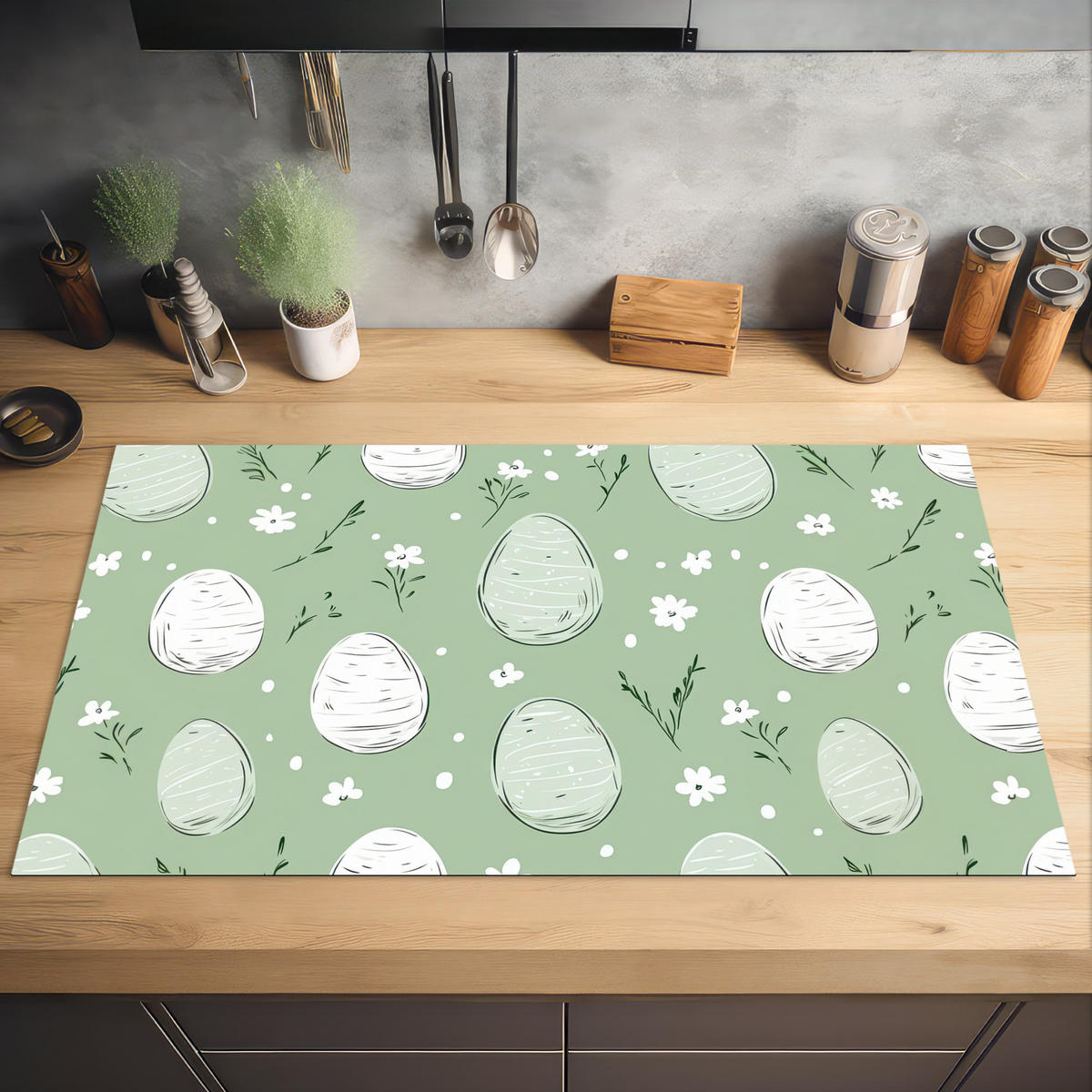 HERDABDECKPLATTE Grün - Eier - Muster Induktionsschutz 91.2x52 cm - Waldgrün, Kunststoff (91.2/52/0.2cm) - MuchoWow