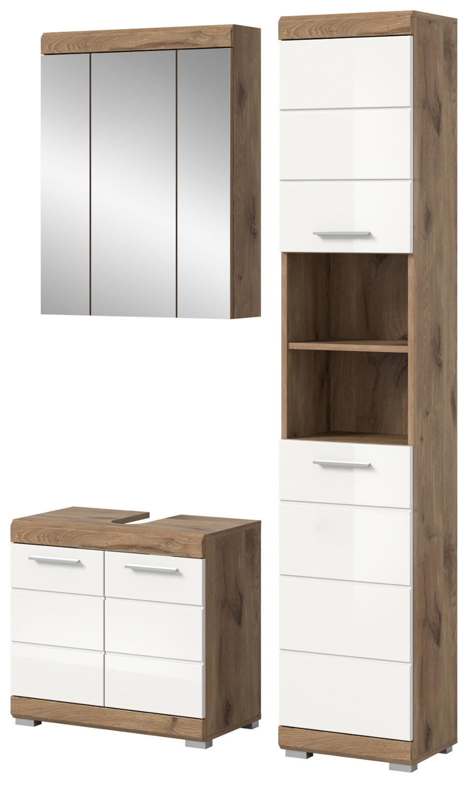 BADMÖBEL-SET weiß Hochglanz, Eiche 3-teilig 112 cm mit viel Stauraum - Weiß Hochglanz/Eichefarben, Glas/Holzwerkstoff (112/191/34cm) - Inn.Furn