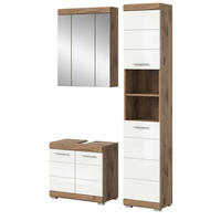 BADMÖBEL-SET weiß Hochglanz, Eiche 3-teilig 112 cm mit viel Stauraum - Weiß Hochglanz/Eichefarben, Glas/Holzwerkstoff (112/191/34cm) - Inn.Furn