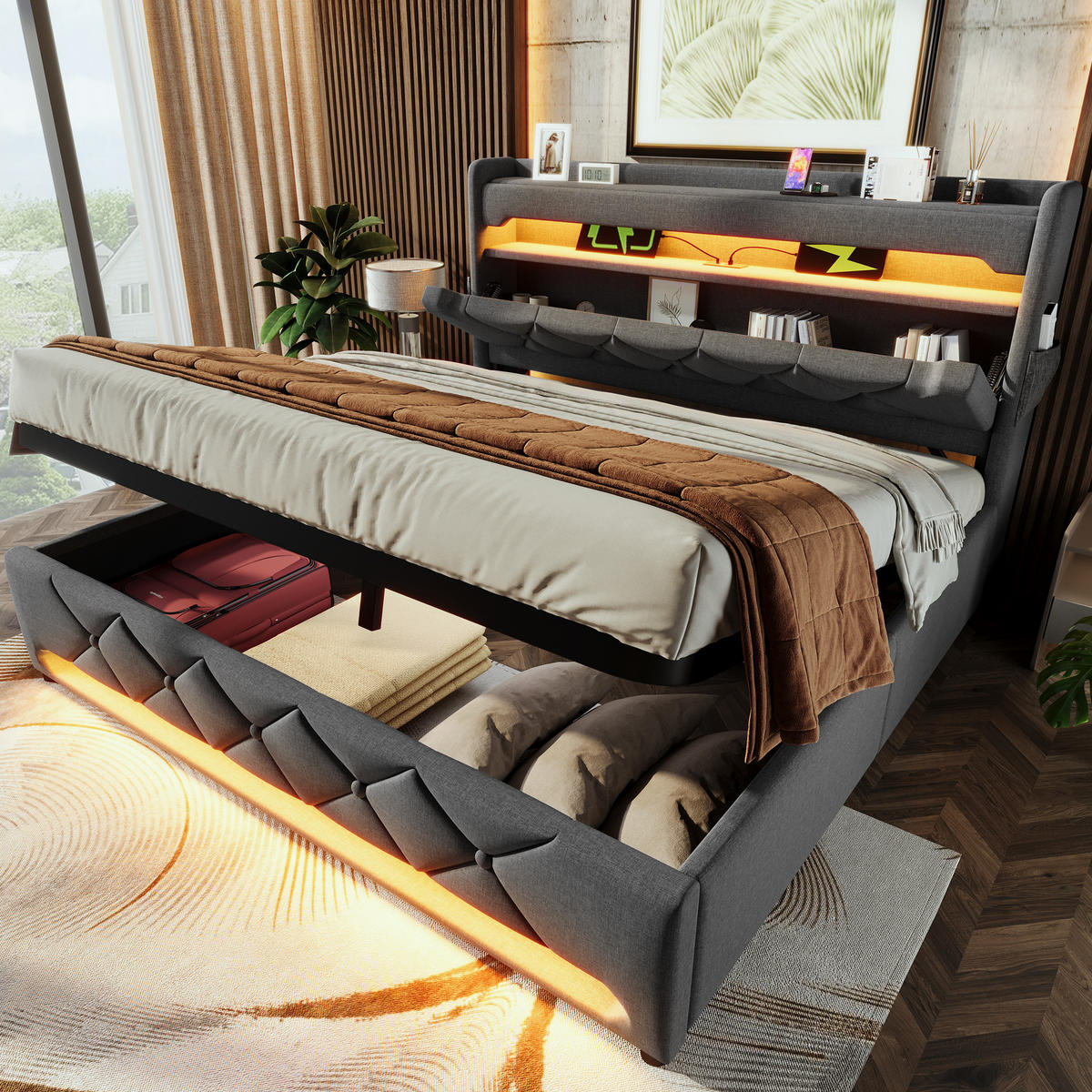 BETT mit LED und Stauraum 160x200 cm Leinen Grau - Grau, Metall (160/200cm) - Meubliv