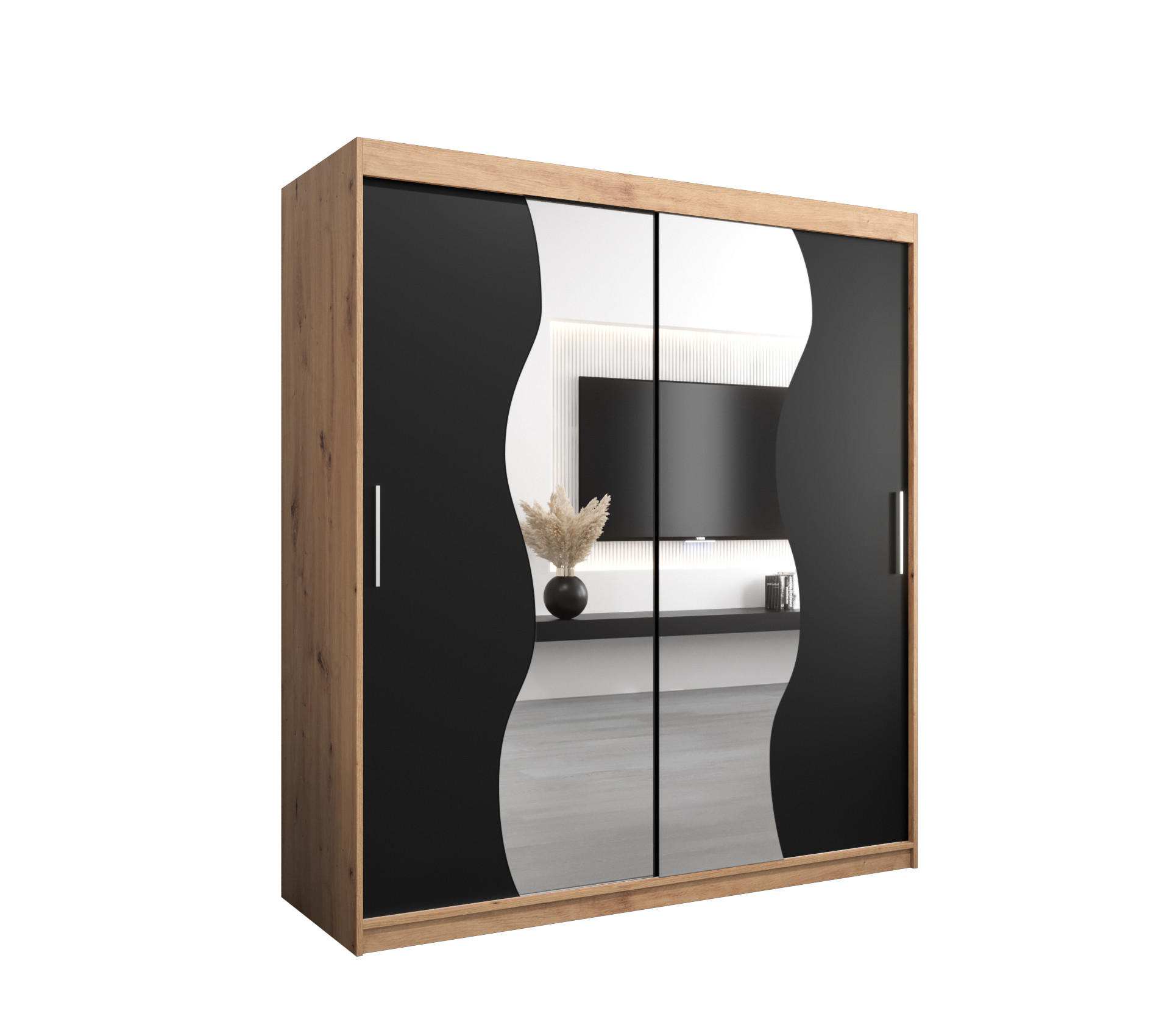 Möbel Kryspol Schwebetürenschrank Eiche Artisan, Schwarz 180x200x62 cm