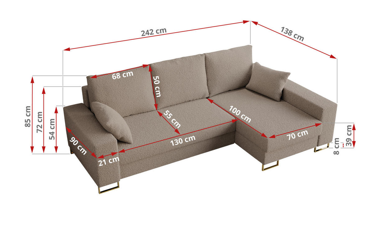 ECKSOFA Dorian Boucle Hellbraun - Hellbraun/Goldfarben, Textil/Metall (242/138cm) - MKS