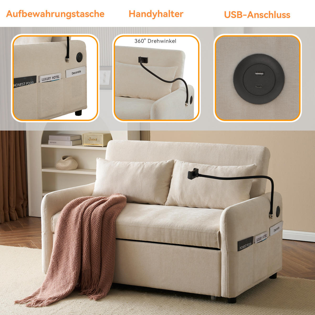 KLAPP-DOPPELSOFA Multifunktion Schlaffunktion USB-Ladung verstellbar Beige - Beige, Holz (113/30/61cm) - FLIEKS