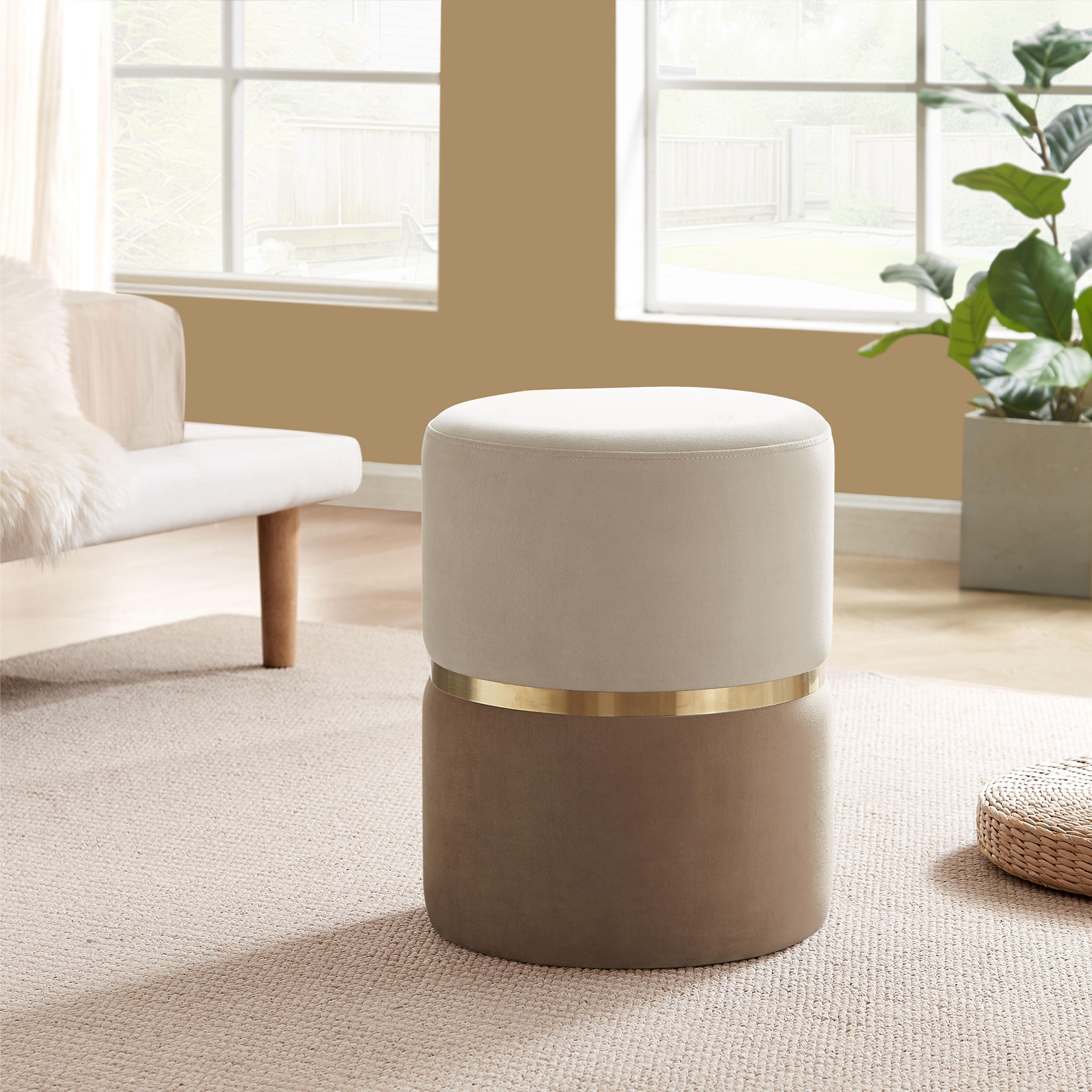 POUF Louise aus beigem Samt und goldenem Metall - Beige, Holzwerkstoff/Textil (35/44/35cm) - Sicaan