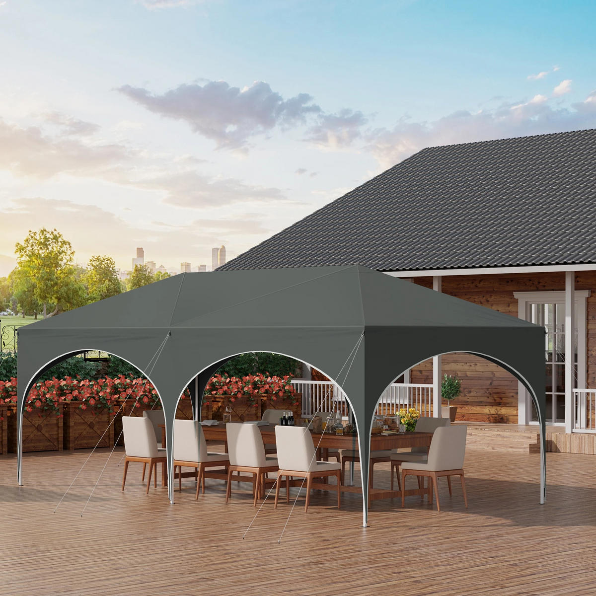 PAVILLON 3x6 m Grün mit 6 Seitenteilen - Grau, Textil/Metall (583/293cm) - Kaket