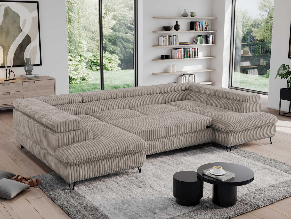 WOHNLANDSCHAFT PEDRO U Cord Hellbraun - Hellbraun/Schwarz, Textil/Metall (346/76/208cm) - MKS