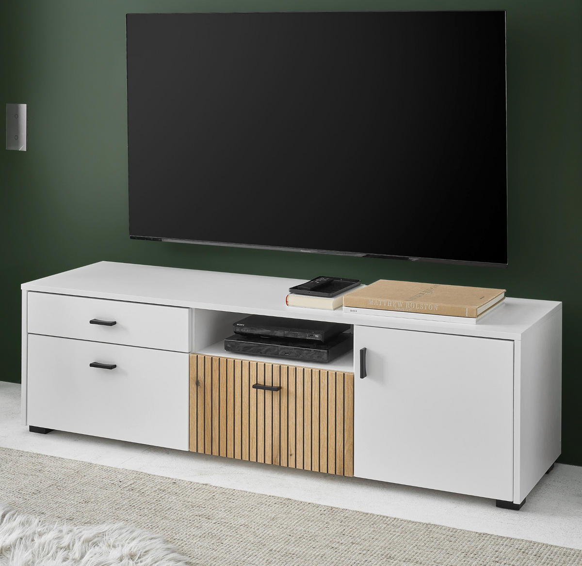 TV-LOWBOARD weiß matt, Eiche 150 x 44 cm, TV Unterteil mit viel Stauraum und Soft-Close - Eichefarben/Schwarz, Holzwerkstoff/Kunststoff (150/44/42cm) - Furn.Design