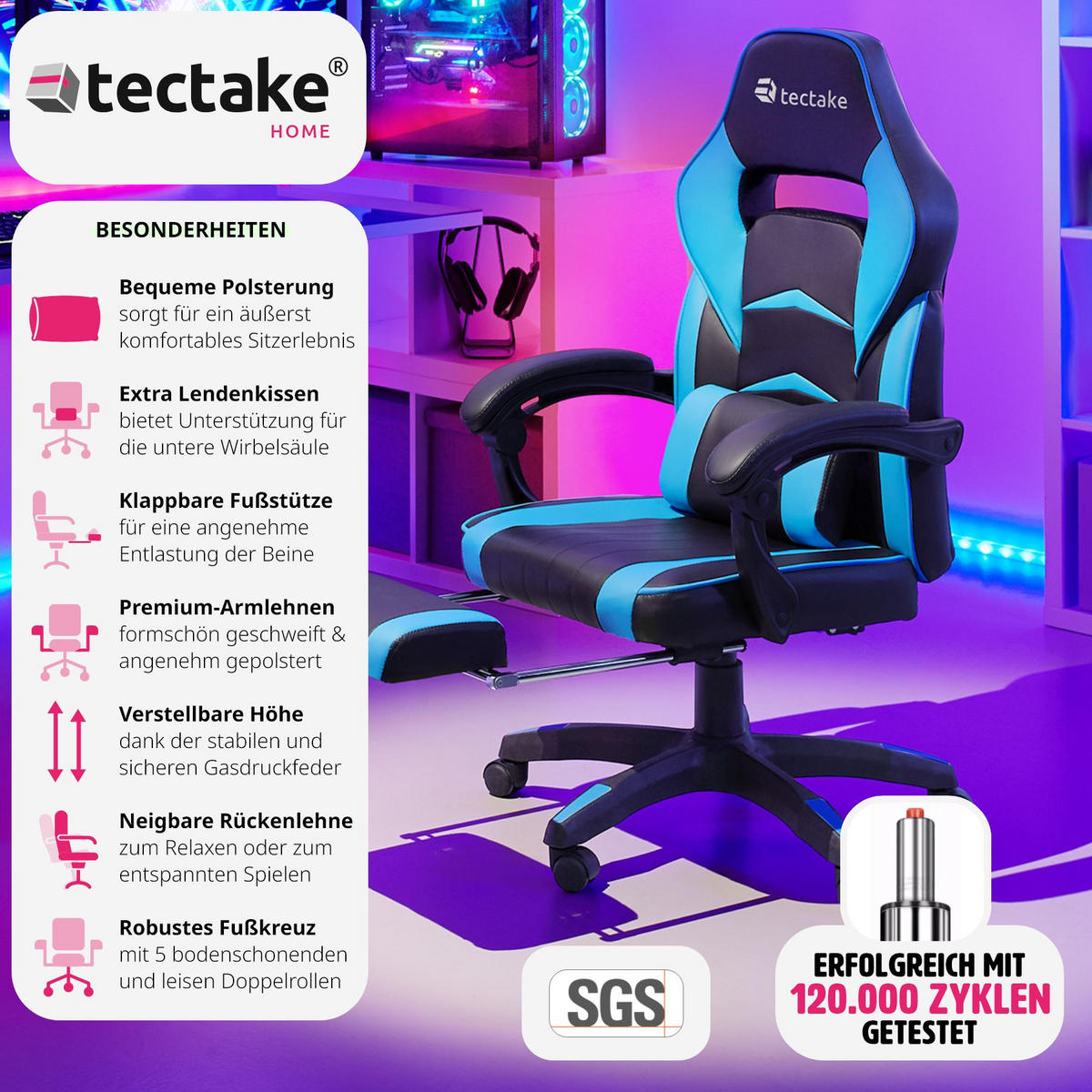 BÜROSTUHL Racing Comodo, Belastbarkeit 120 kg,schwarz/azur - Schwarz/Hellblau, Textil (70/127.5/69cm) - tectake
