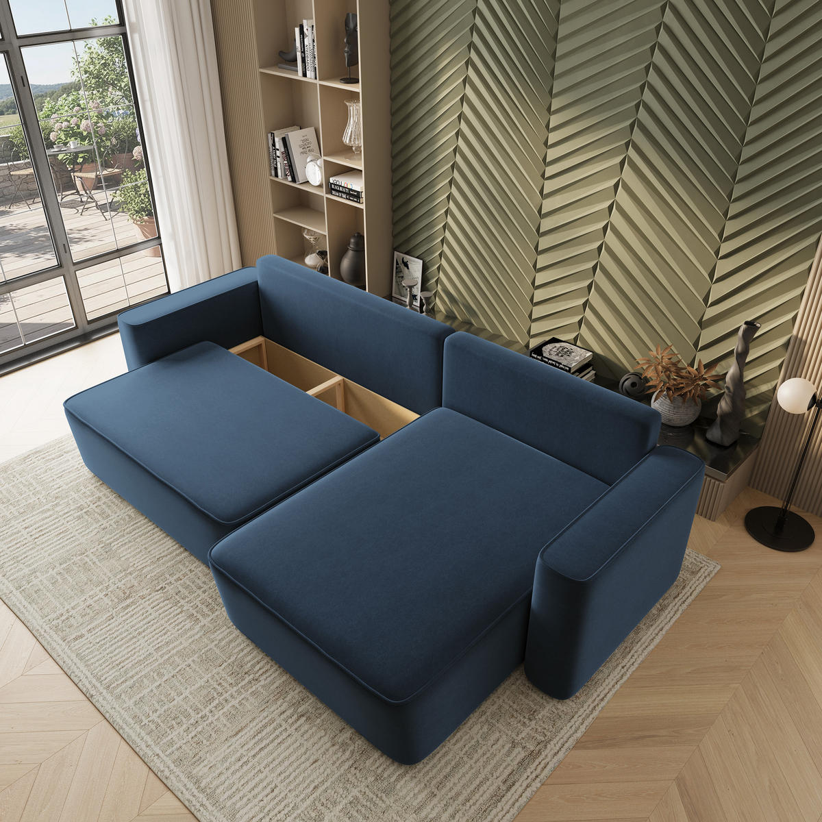 ECKSOFA BELARO CL Blau Samtstoff mit Schlaffunktion - Blau, Holzwerkstoff/Textil (280/162cm) - MASSENO