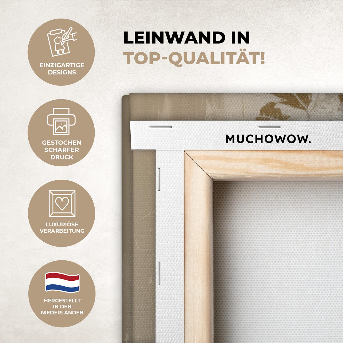 LEINWANDBILD Gesicht - Frau - Blätter - Gold Wandbild 40x30 cm - Beige, Textil (40/30cm) - MuchoWow