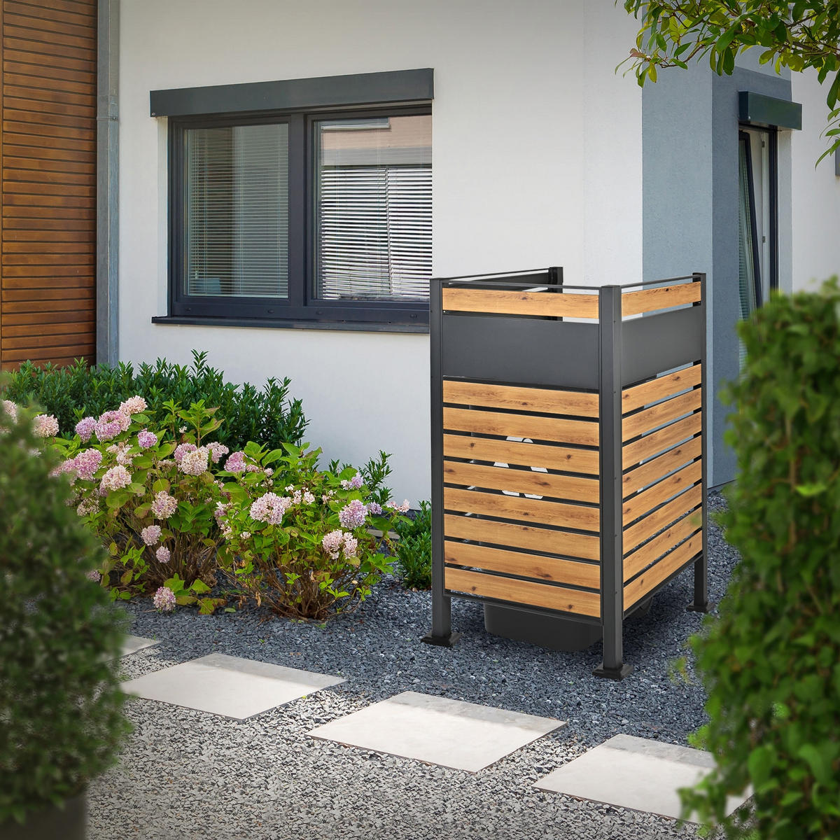 MÜLLTONNENZAUN 1er Anthrazit-Holzoptik - Multicolor, Metall (11/150/86cm) - ML-DESIGN