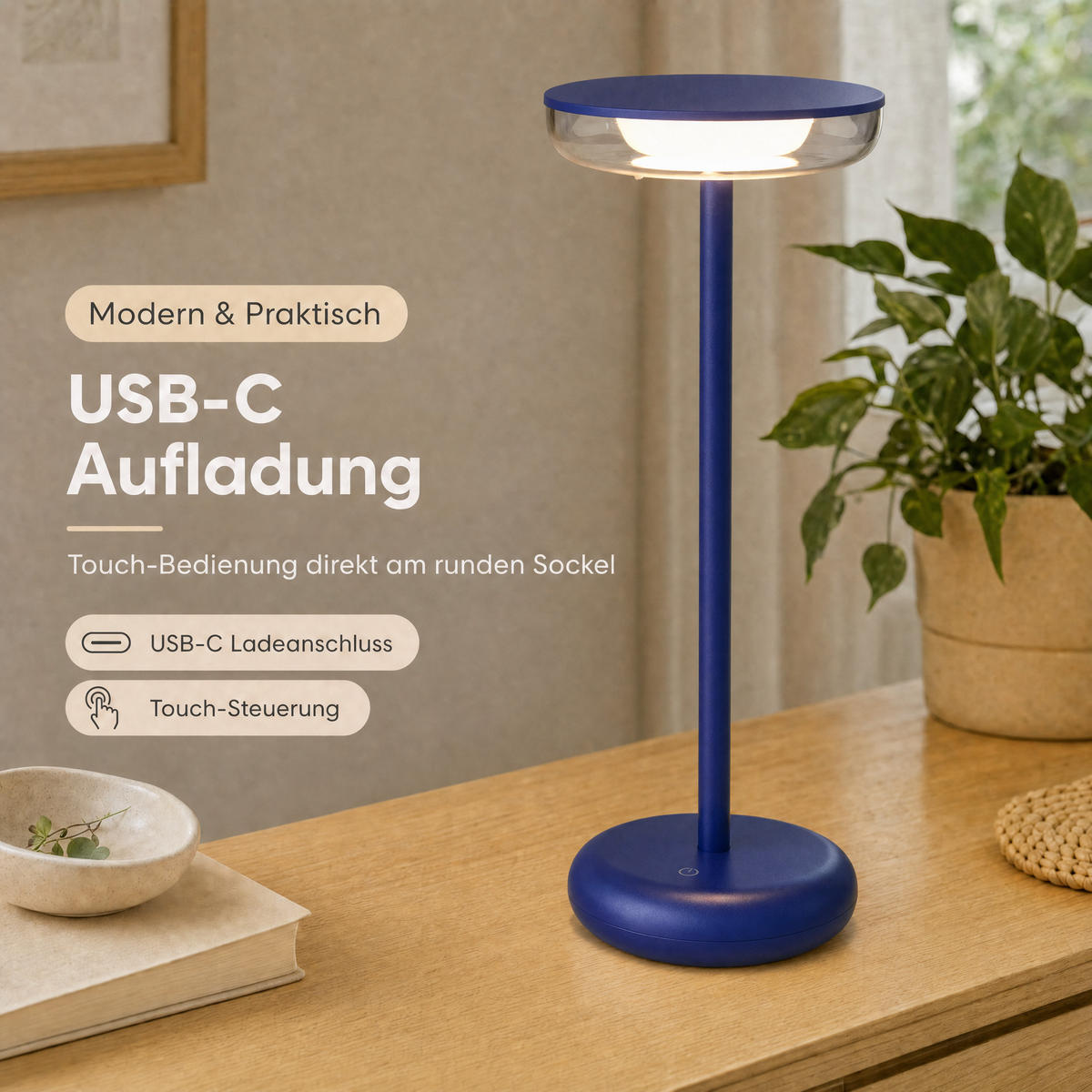 LED-TISCHLAMPE Blau Dimmbar Akku 1800mAh 180lm warmweiß Touch USB-C Nachttischleuchte Höhe 27,4 cm - Blau, Kunststoff (11/11/27.4cm) - Northpoint