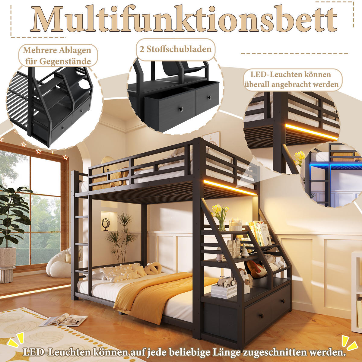 ETAGENBETT 90/200 cm & 90/200 cm in Schwarz mit 2 Stoffschubladen, LED und Ablagen - Schwarz, Holzwerkstoff/Metall (90/200cm) - STILVORA