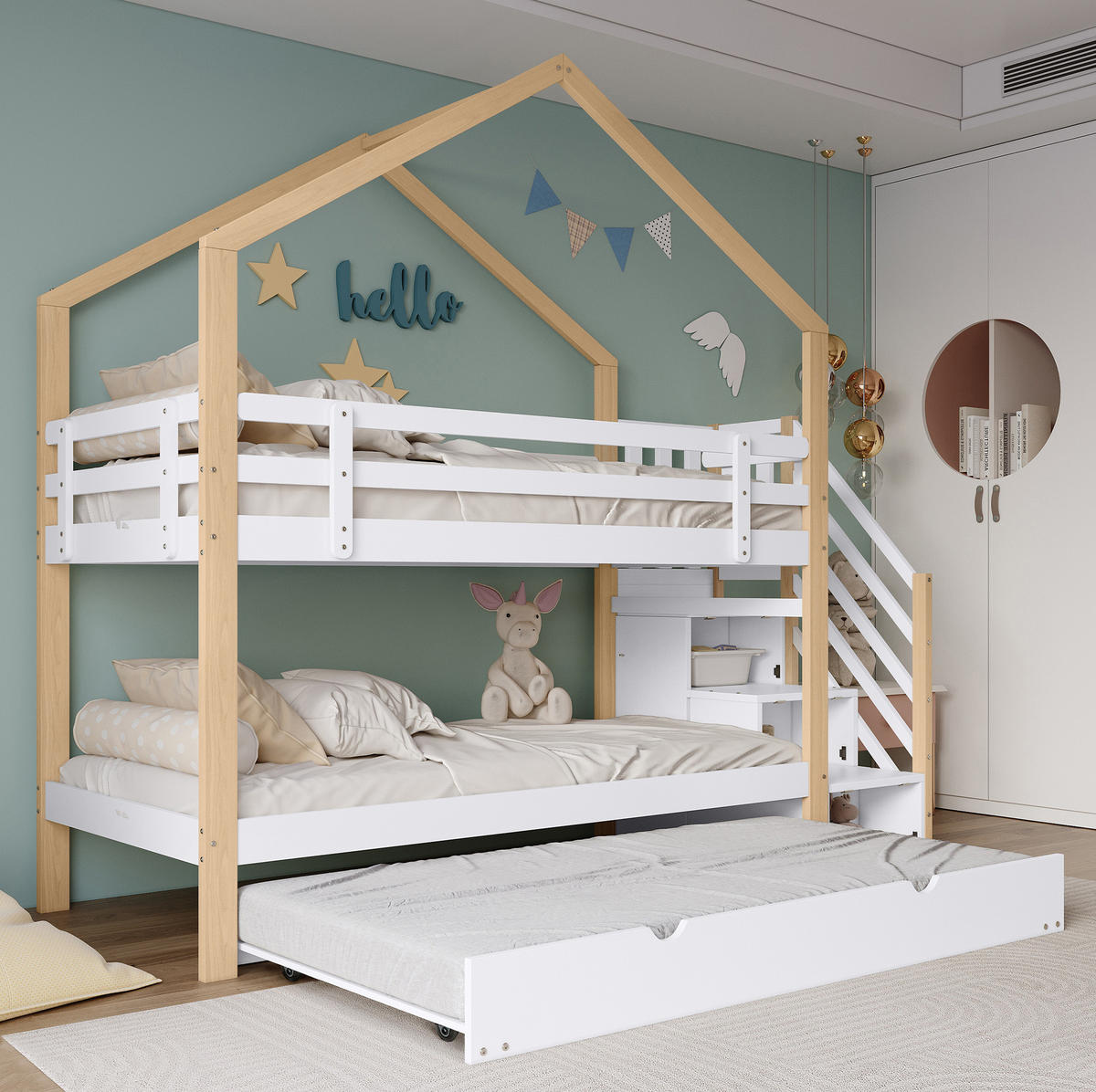 POSCHODOVÁ posteľ 90/200 a 90/190 cm biela/prírodná s výsuvným lôžkom a schodmi so zásuvkami z masívu a MDF - biela, drevo (90/200cm) - OKWISH