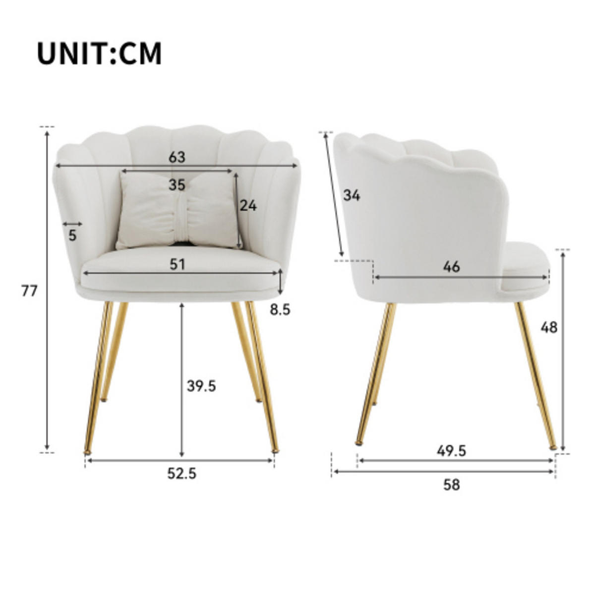 SESSEL aus Samt 63×58×77 mit vergoldete Beine, weiß - Weiß, Textil (58/77/63cm) - Luhomfu