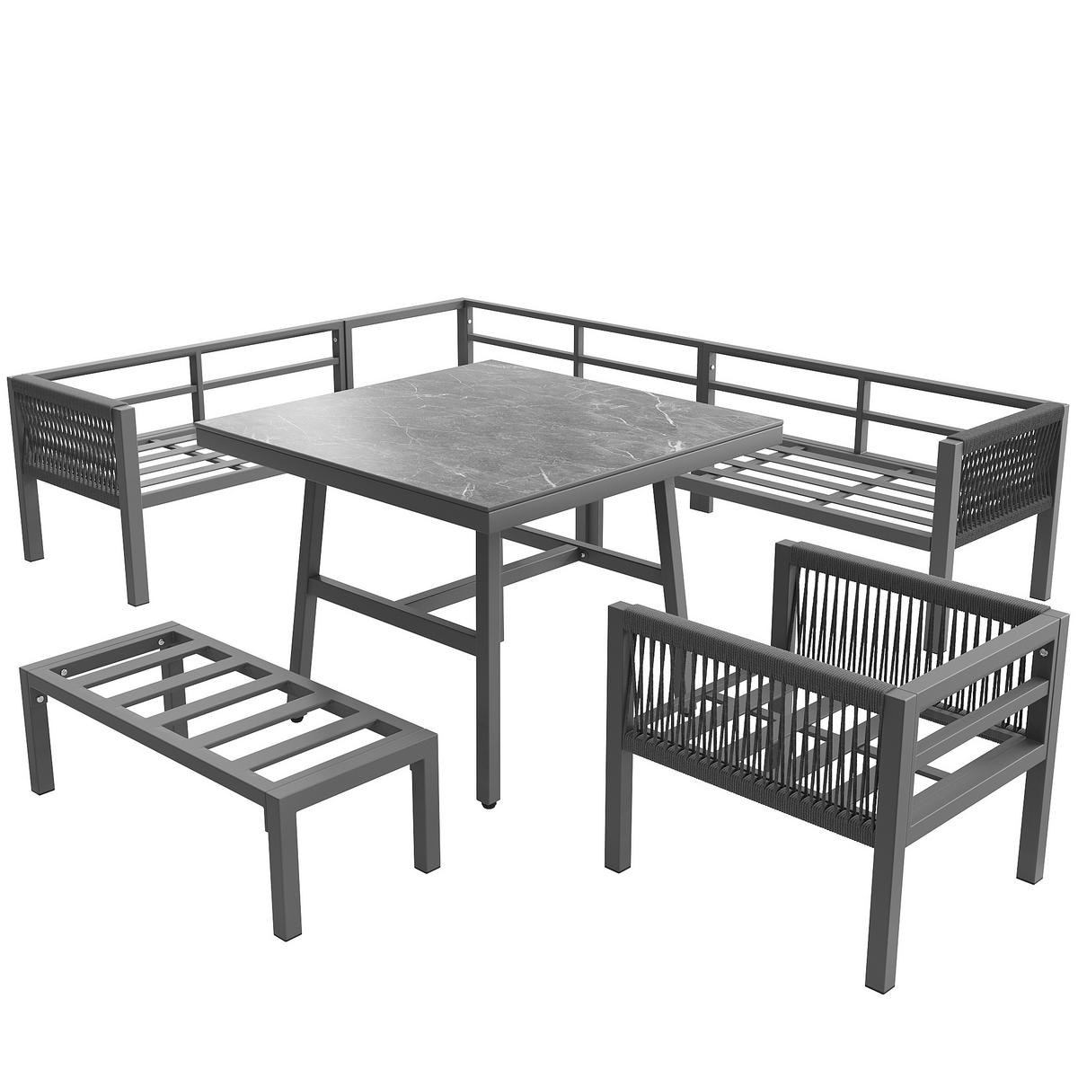 GARTENLOUNGE-SET, Eisen mit Marmorglas-Tisch, modular für 8 Personen, 118/61/80 cm, Grau - Grau, Metall - Redom