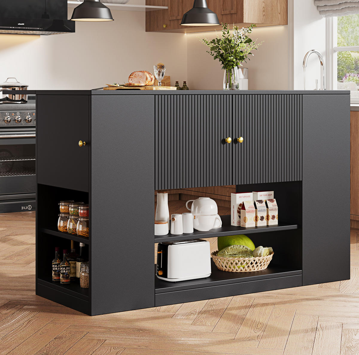 KÜCHENINSEL aus MDF mit Klapptisch & Stauraum, 140/40/90 cm, Schwarz - Schwarz, Holzwerkstoff (40/90/140cm) - Redom