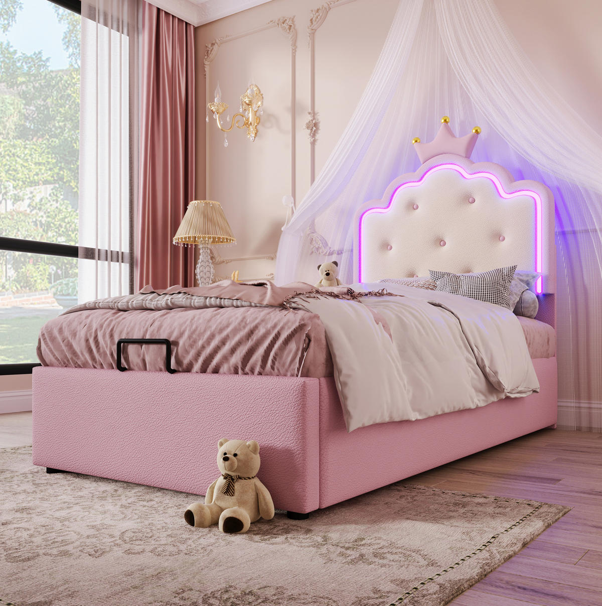 POLSTERBETT 140/200 cm aus Samt mit LED-Kopfteil USB- und Typ-C-Ladestation Stauraum Beige - Beige, Textil (140/200cm) - Modenvie