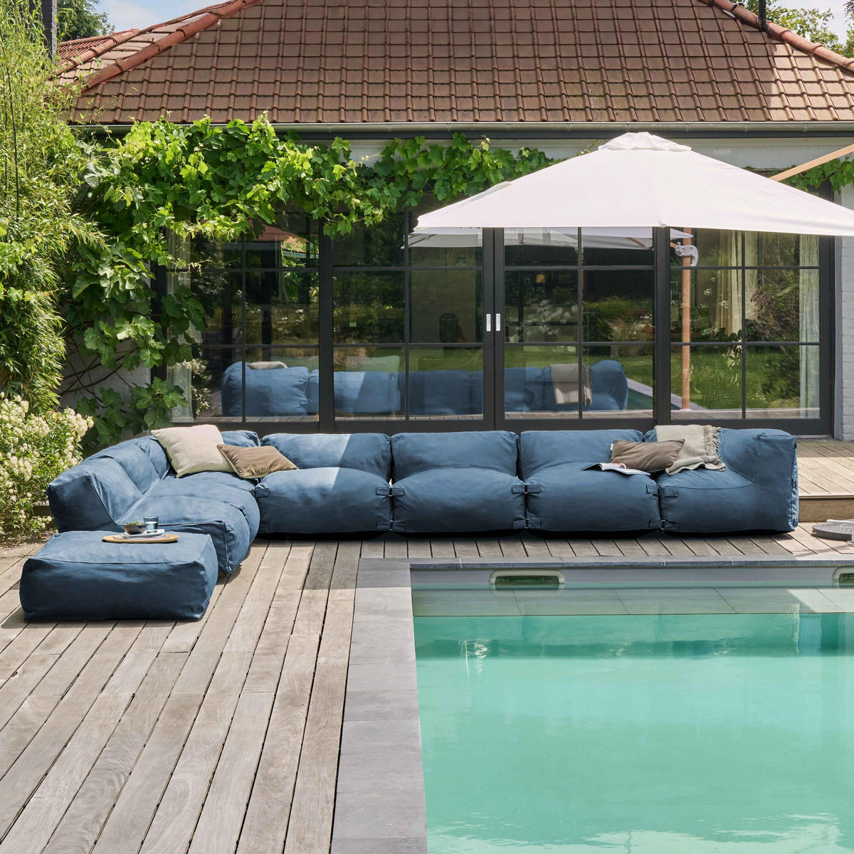GARTENSOFA mit 8 Sitzplätzen, Pazifikblau - Blau, Textil (85/65/680cm) - Oviala