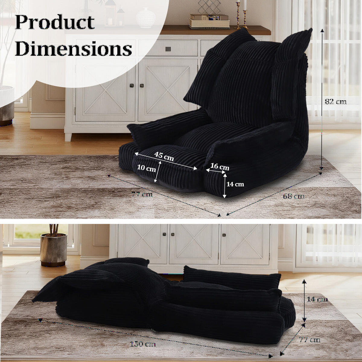 BODENSESSEL mit Rückenlehne, Schwarz - Schwarz, Textil (77/82/68cm) - Vercart