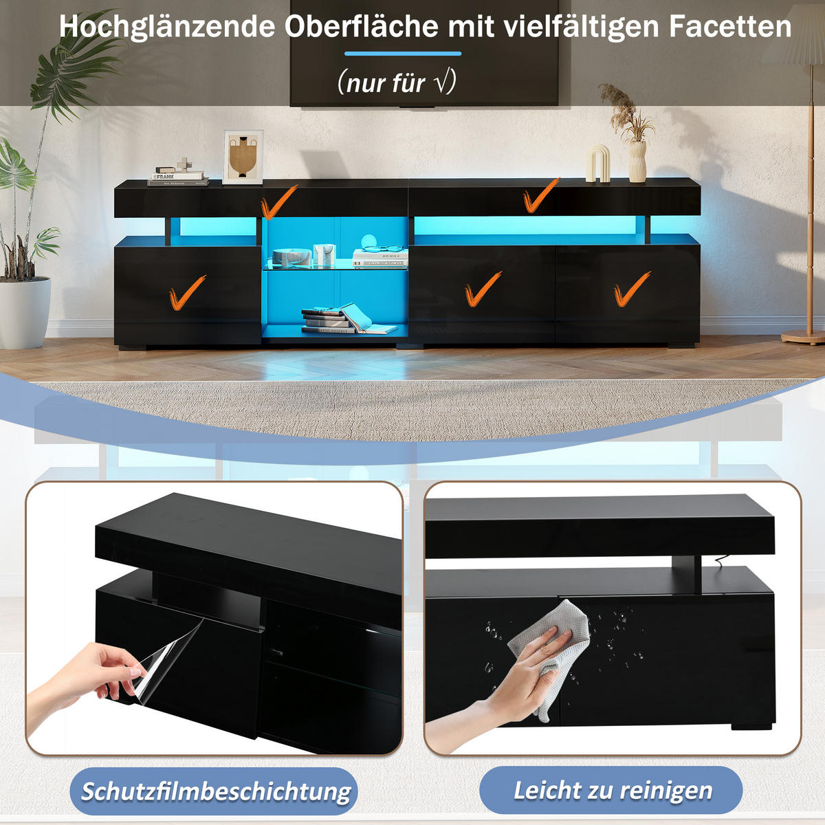 TV-LOWBOARD 180x35x45 cm Schwarz Hochglanz 3 Türen Glas Einlegeböden - Schwarz, Holzwerkstoff (35/45/180cm) - FLIEKS