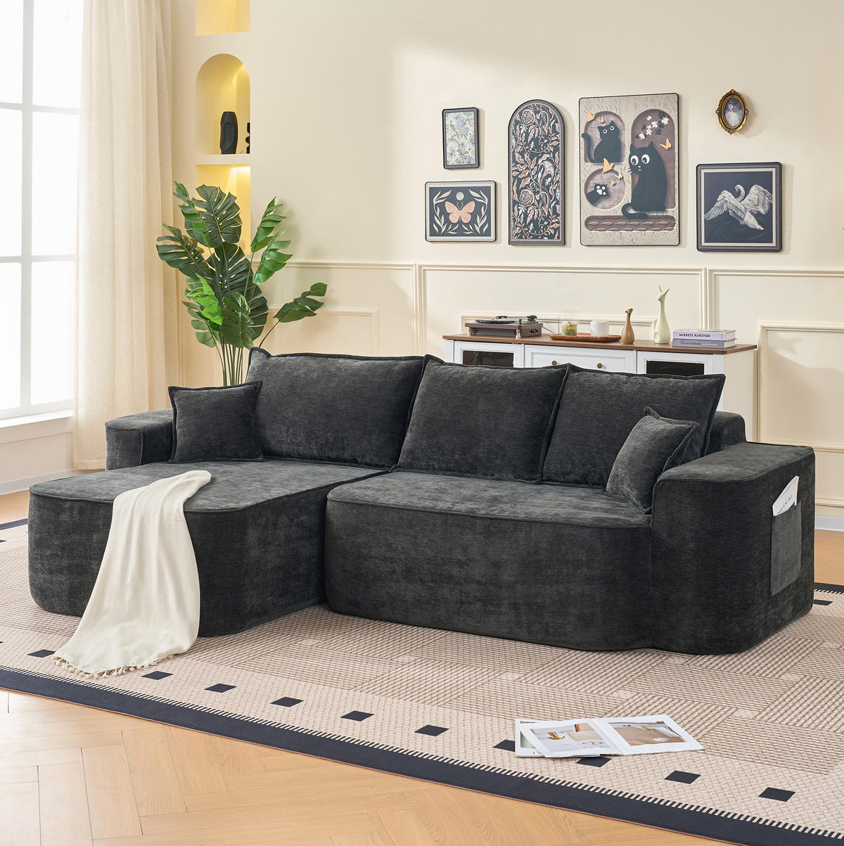ECKSOFA aus Chenille in Schwarz mit modularem Design - Schwarz, Textil (144/65/262cm) - Modfu