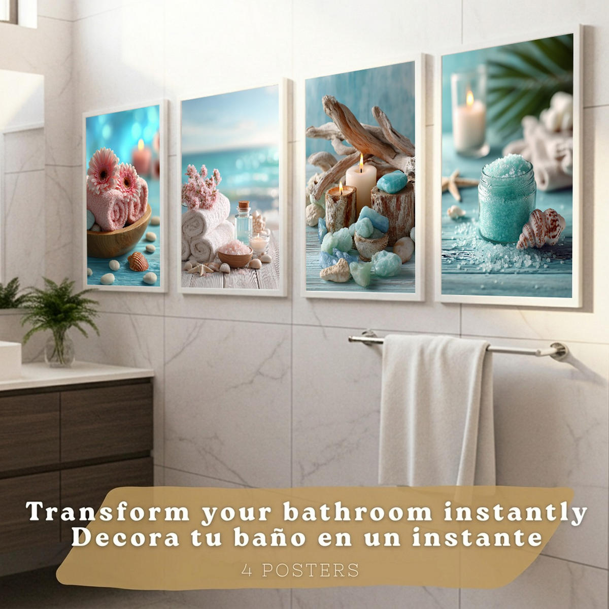 POSTER 4er-Set Badezimmer-Wandposter, Strand-Spa-Poster für Waschbecken, Dusche, WC mit Muscheln, Kerzen, Handtüchern und Meersalz Rahmenlos A3 - Klar, Papier (42/29.7/3cm) - Nacnic
