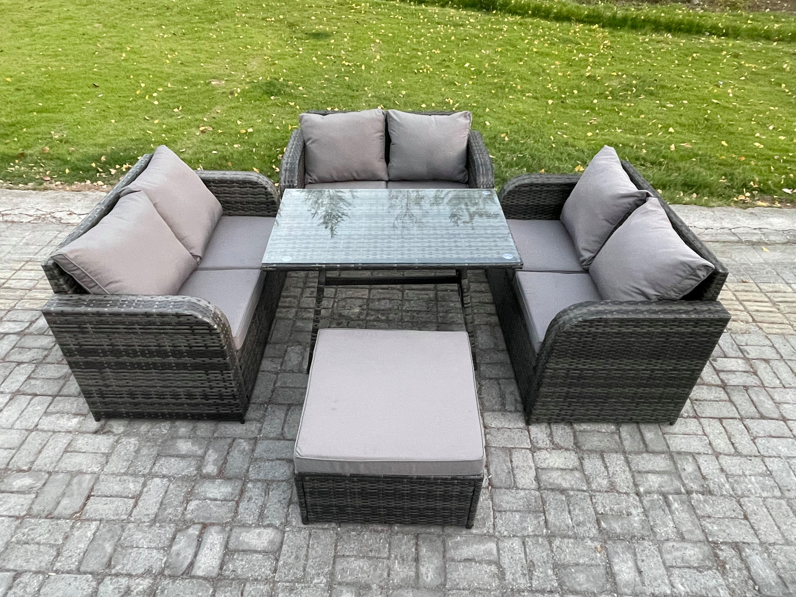 GARTENMÖBELSET mit ESSTISCH,SOFA Polyrattan 7-Sitzer - Dunkelgrau/Grau, Glas/Kunststoff - Fimous