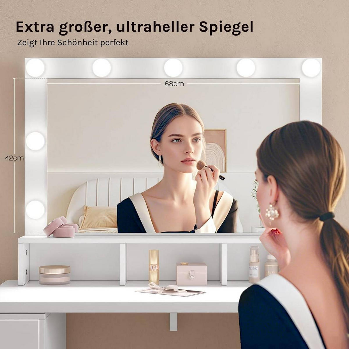 SCHMINKTISCH mit LED, Spiegel, Kommode, Weiß - Weiß, Glas/Holzwerkstoff (90/134.5/40cm) - Woltu