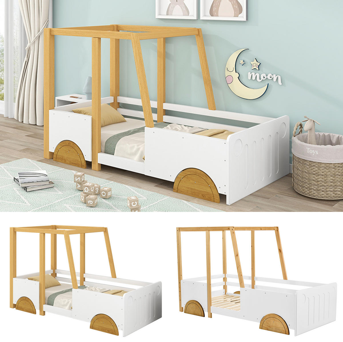 KINDERBETT aus Kiefer und MDF 90x200 cm Weiß/Natur mit vierseitigem Rausfallschutz in Autoform - Weiß, Holzwerkstoff (90/200cm) - Modfu