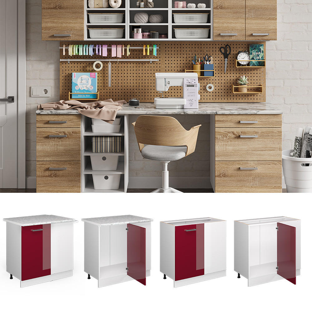 ECKSCHRANK FÜR HAUSRAT R-Line Bordeaux Hochglanz 86 cm mit Tür, ohne Arbeitsplatte - Bordeaux/Weiß, Holzwerkstoff (86/81.6/46cm) - Vicco