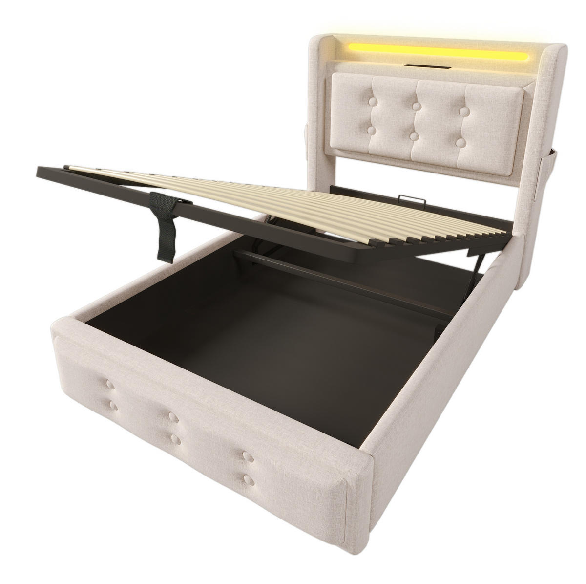 POLSTERBETT 90/200 cm Beige aus Baumwoll-Leinen mit LED und Ladefunktion - Beige, Textil (90/200cm) - OKMYHOME
