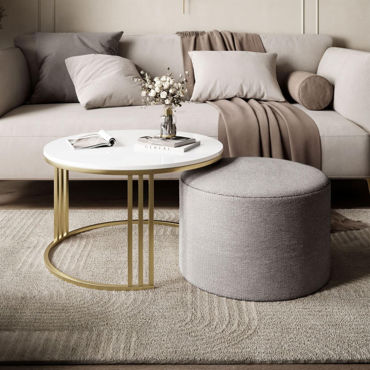 COUCHTISCH mit Hocker LORI Hochglanz gebürstetes Gold/weißer Glanz/Perfect Harmony 82 - Schwarz, Metall (70/70/49cm) - Lookway