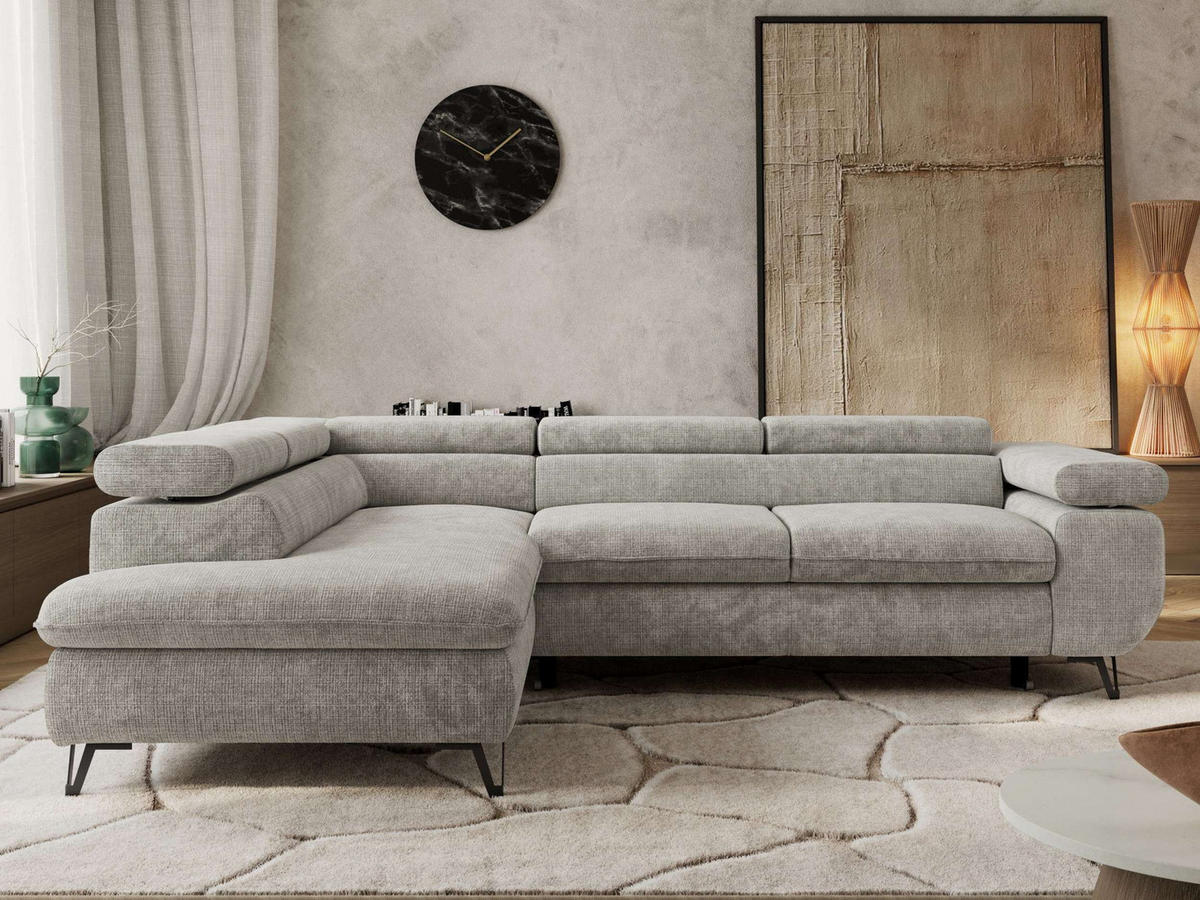 ECKSOFA PABLO L Hellgrau Schenille grob gewebt - Links Seite mit T25 Topper - Hellgrau/Schwarz, Textil/Metall (208/273cm) - MKS