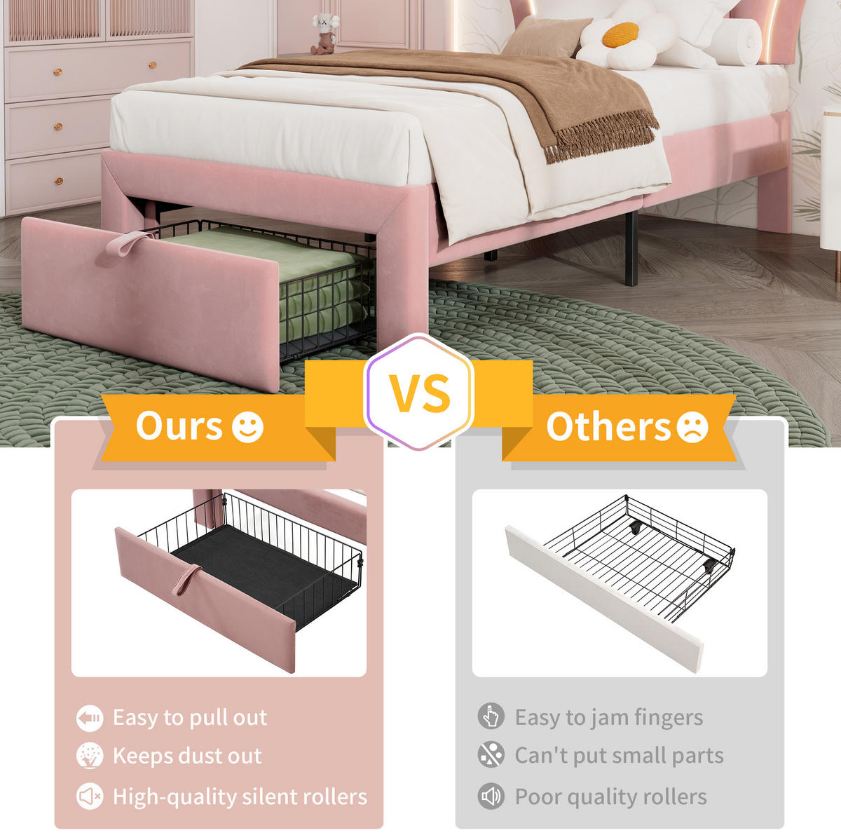 JUGENDBETT 90/190 cm Rosa aus Samt mit LED und Schublade - Rosa, Textil (90/190cm) - OKMYHOME
