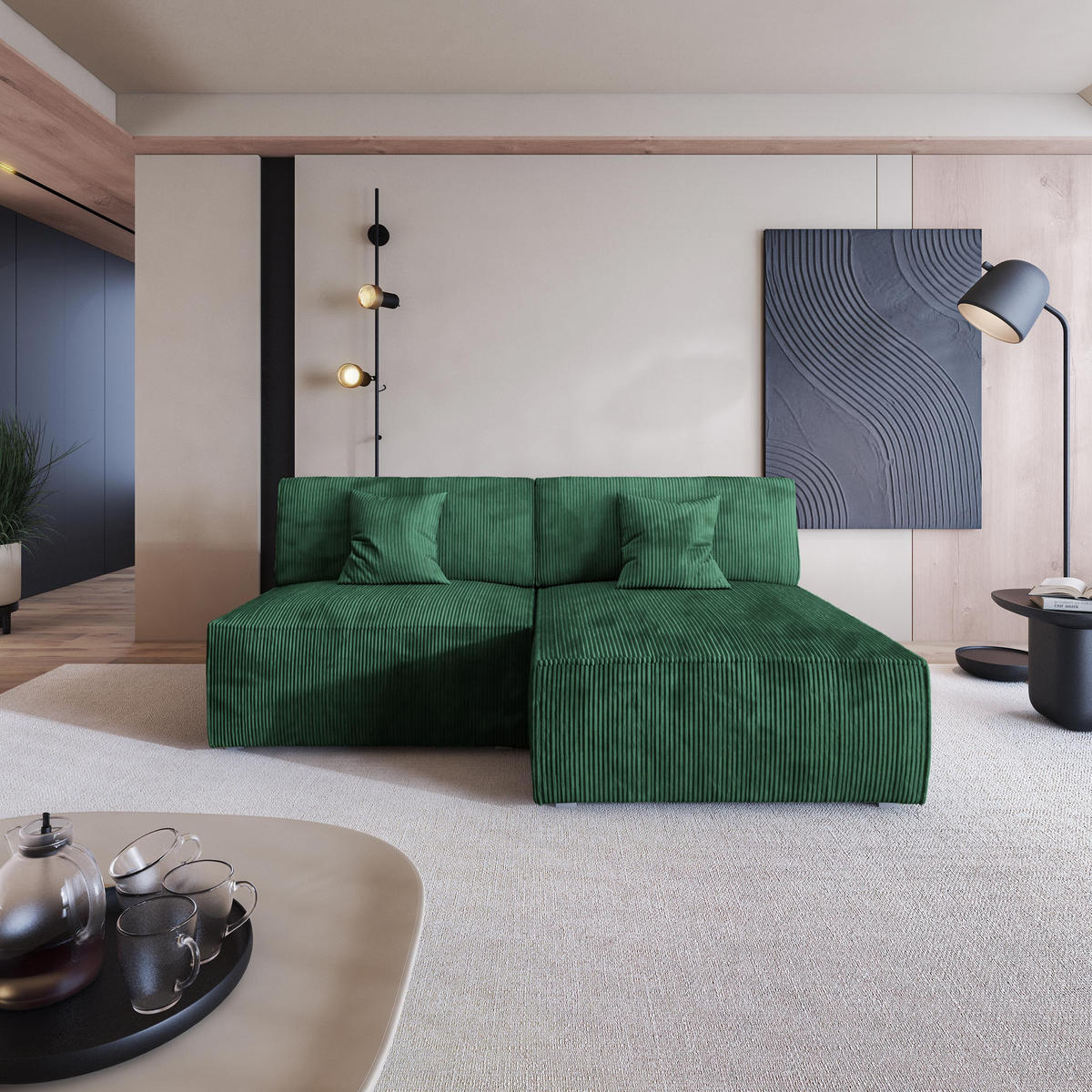 ECKSOFA FIORO P Grün Kordstoff mit Schlaffunktion - Grau/Grün, Holz/Kunststoff (204/148cm) - MASSENO